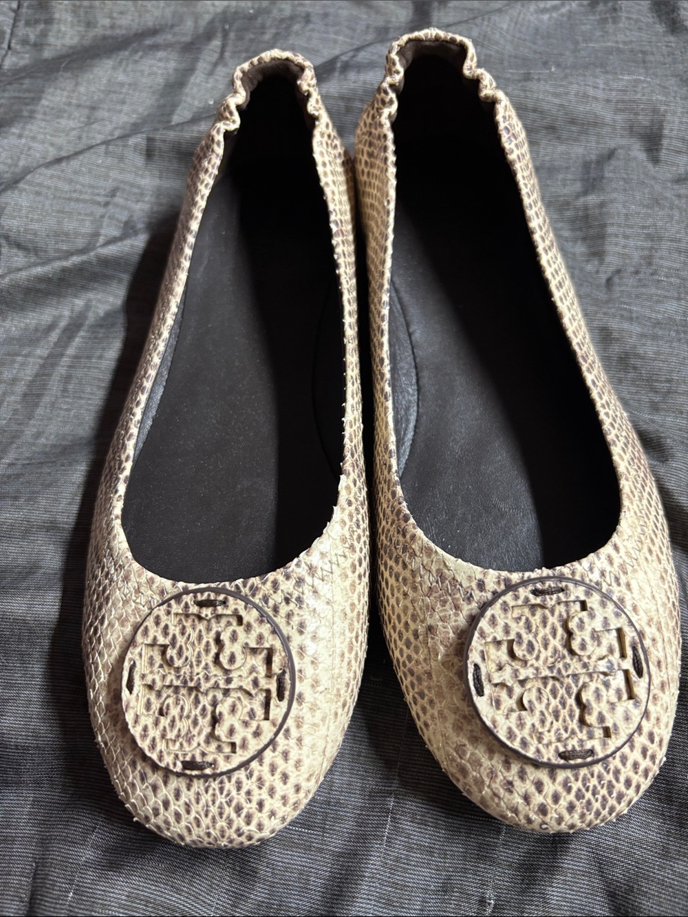 Tory Burch Taupe Snake-Print Logo Ballet Flats, 8.5 M NWOT’s